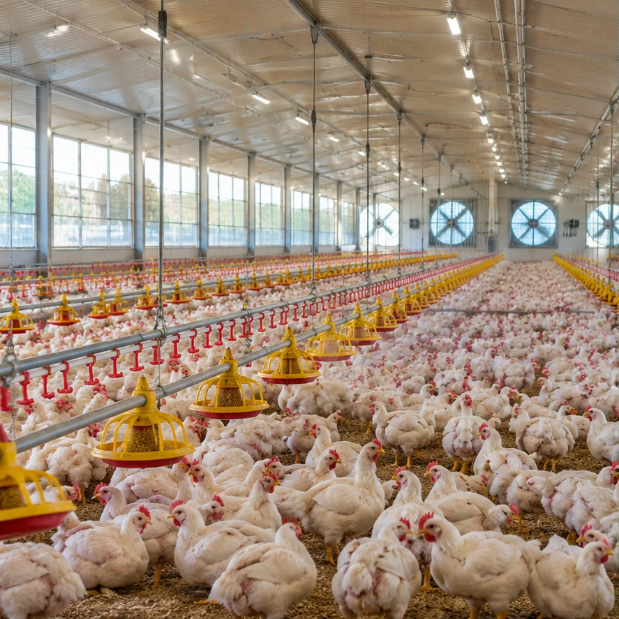 Interior de um galpão de avicultura industrial com aves e equipamentos