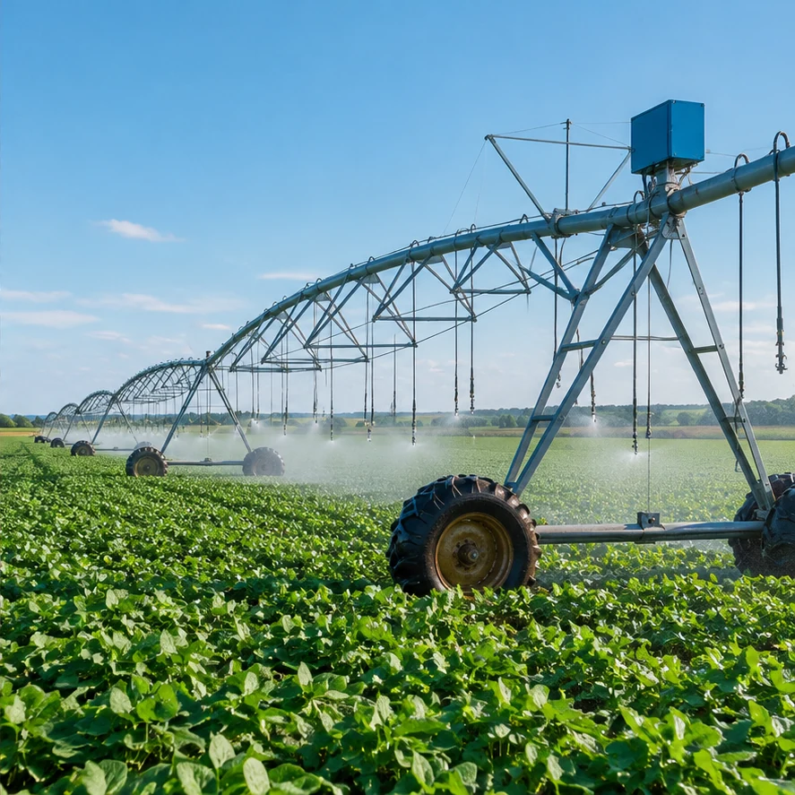 Pivô de irrigação no campo, com estrutura de aço e tubulação