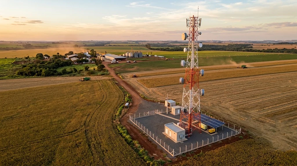 Torres de telecomunicações em propriedade rural ao entardecer