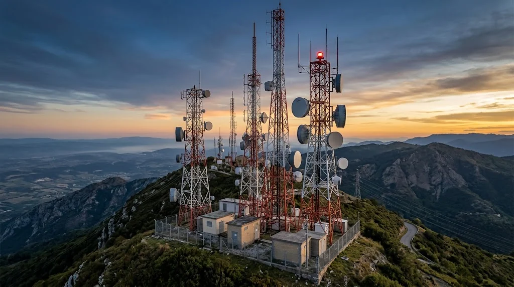 Conjunto de torres e antenas de telecomunicações instalado em região montanhosa